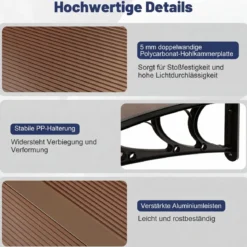 Vordach für Haustür Türvordach aus Polycarbonat mit Aluminiumstangen & PP-Halterung 197x89 cm