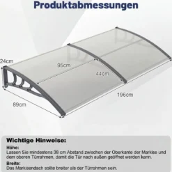 Vordach für Haustür Türvordach aus Polycarbonat mit Aluminiumstangen & PP-Halterung 197x89 cm