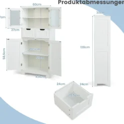 Vorratsschrank Freistehender Badezimmerschrank mit 2 Glastüren 60 x 30 x 128 cm Weiß