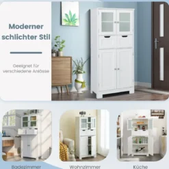 Vorratsschrank Freistehender Badezimmerschrank mit 2 Glastüren 60 x 30 x 128 cm Weiß