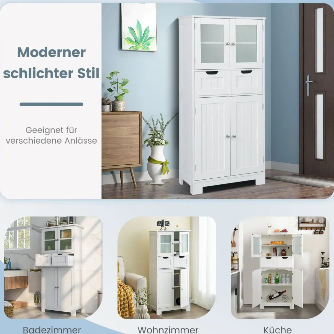 Vorratsschrank Freistehender Badezimmerschrank mit 2 Glastüren 60 x 30 x 128 cm Weiß