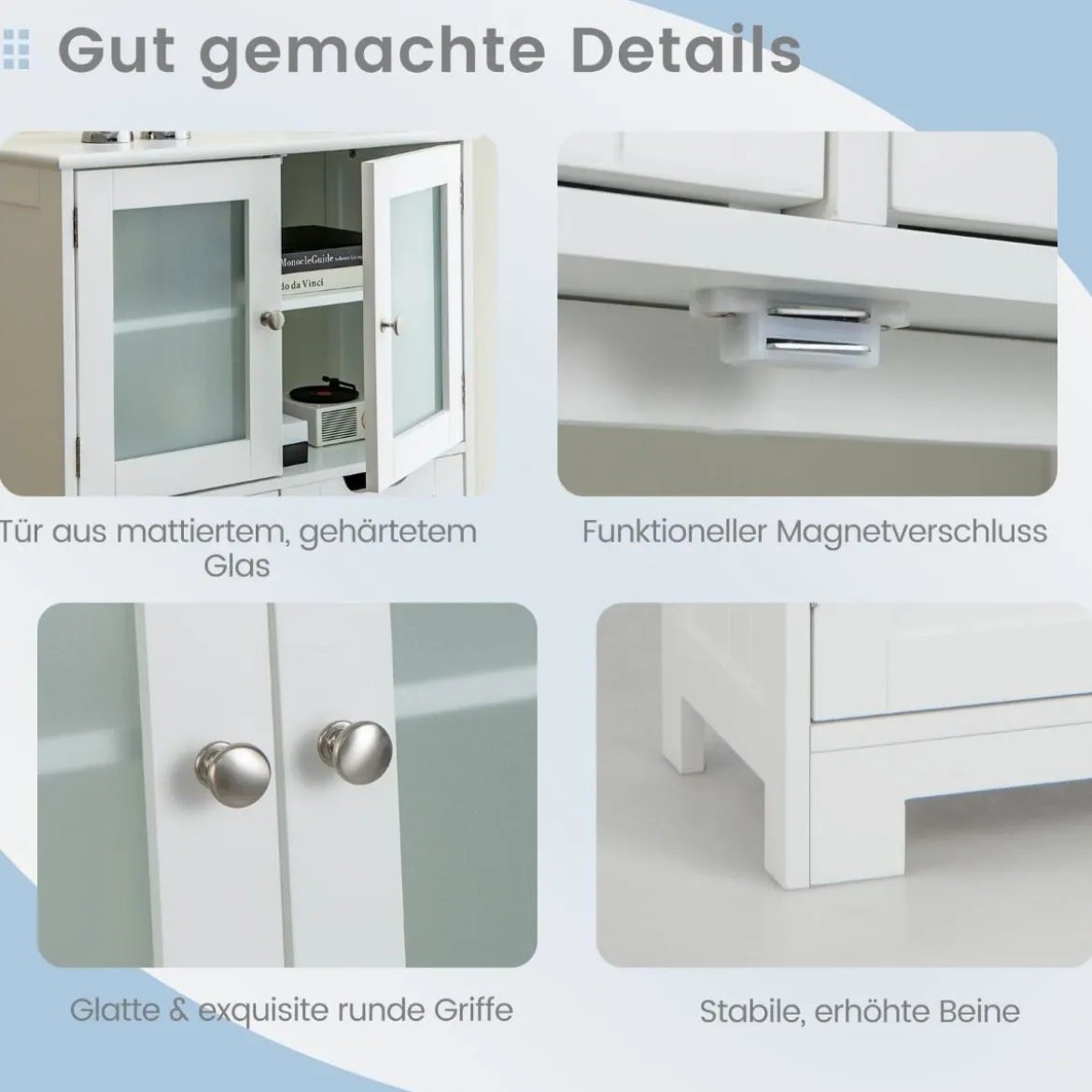 Vorratsschrank Freistehender Badezimmerschrank mit 2 Glastüren 60 x 30 x 128 cm Weiß