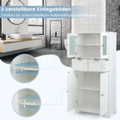 Vorratsschrank Freistehender Badezimmerschrank mit 2 Glastüren 60 x 30 x 128 cm Weiß