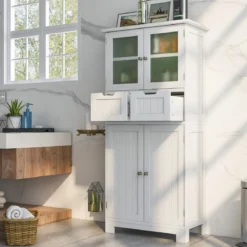 Vorratsschrank Freistehender Badezimmerschrank mit 2 Glastüren 60 x 30 x 128 cm Weiß