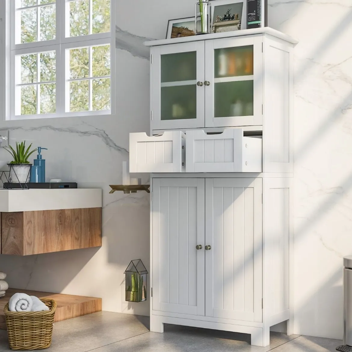 Vorratsschrank Freistehender Badezimmerschrank mit 2 Glastüren 60 x 30 x 128 cm Weiß