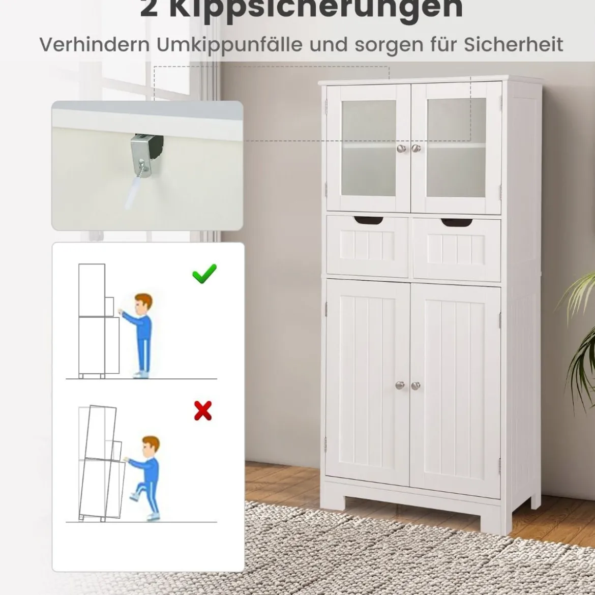 Vorratsschrank Freistehender Badezimmerschrank mit 2 Glastüren 60 x 30 x 128 cm Weiß