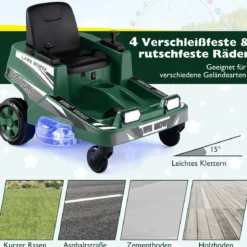 12V Rasenmäher mit Doppelten Steuerhebeln & LED-Lichter & Dreh- und Wende-Funktion Grün