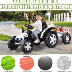 12V Traktor mit 2,4G Fernbedienung & Abnehmbarem Anhänger Aufsitztraktor für Kinder 3-8 J.