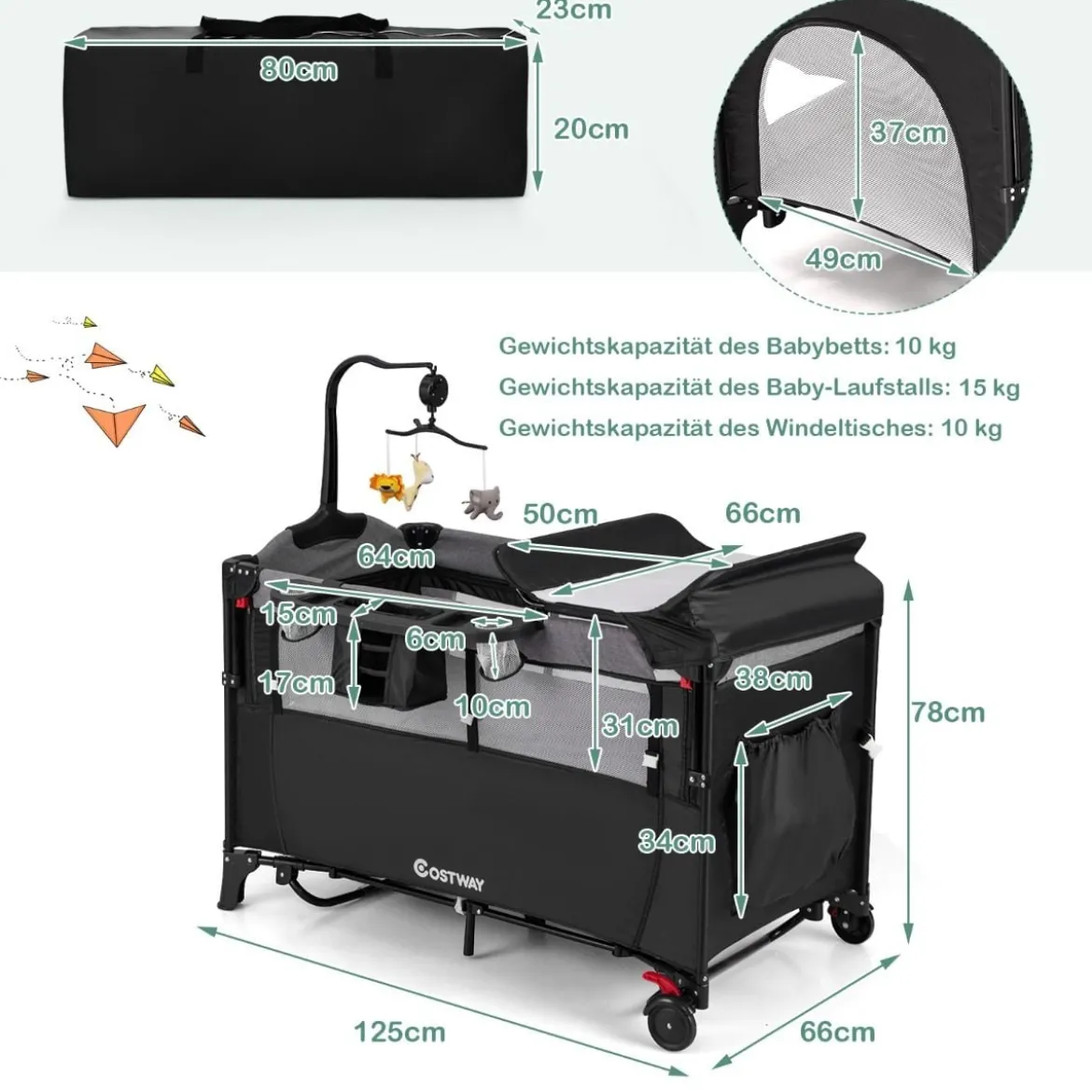 Wandelbares 5-in-1-Babybett mit Wickeltisch & Aufbewahrungstasche Schwarz