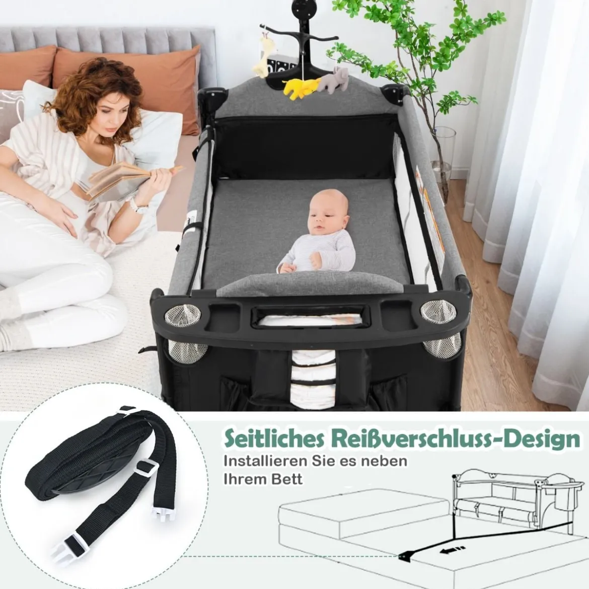 Wandelbares 5-in-1-Babybett mit Wickeltisch & Aufbewahrungstasche Schwarz