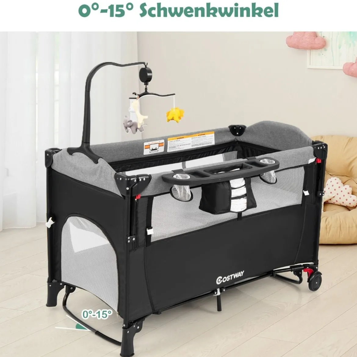 Wandelbares 5-in-1-Babybett mit Wickeltisch & Aufbewahrungstasche Schwarz