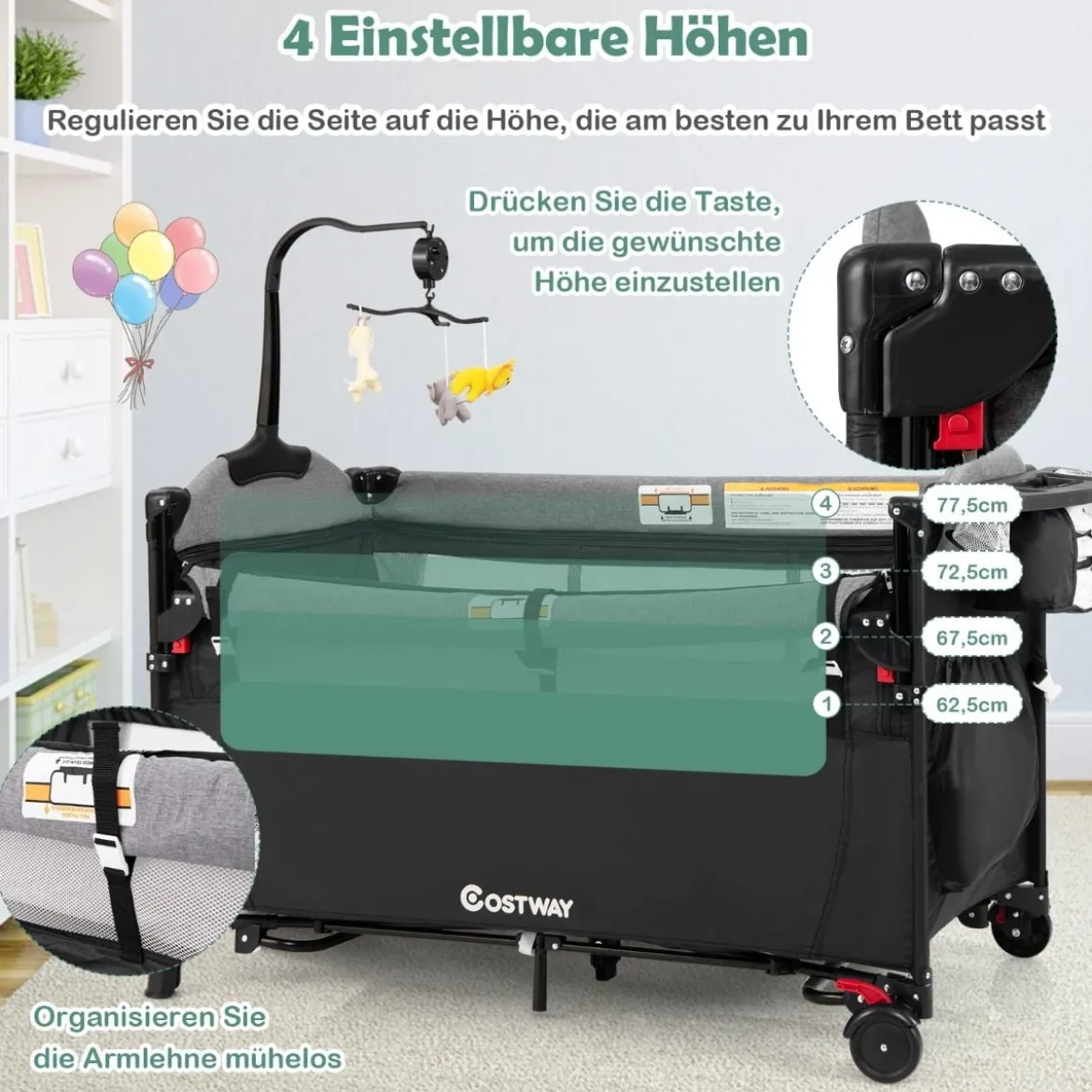 Wandelbares 5-in-1-Babybett mit Wickeltisch & Aufbewahrungstasche Schwarz