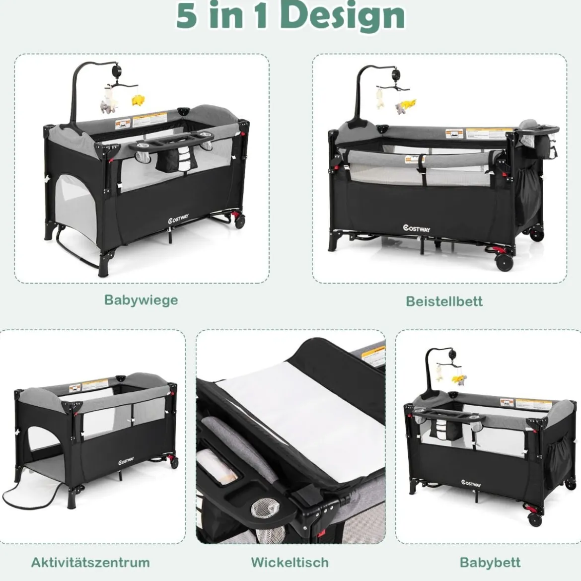 Wandelbares 5-in-1-Babybett mit Wickeltisch & Aufbewahrungstasche Schwarz
