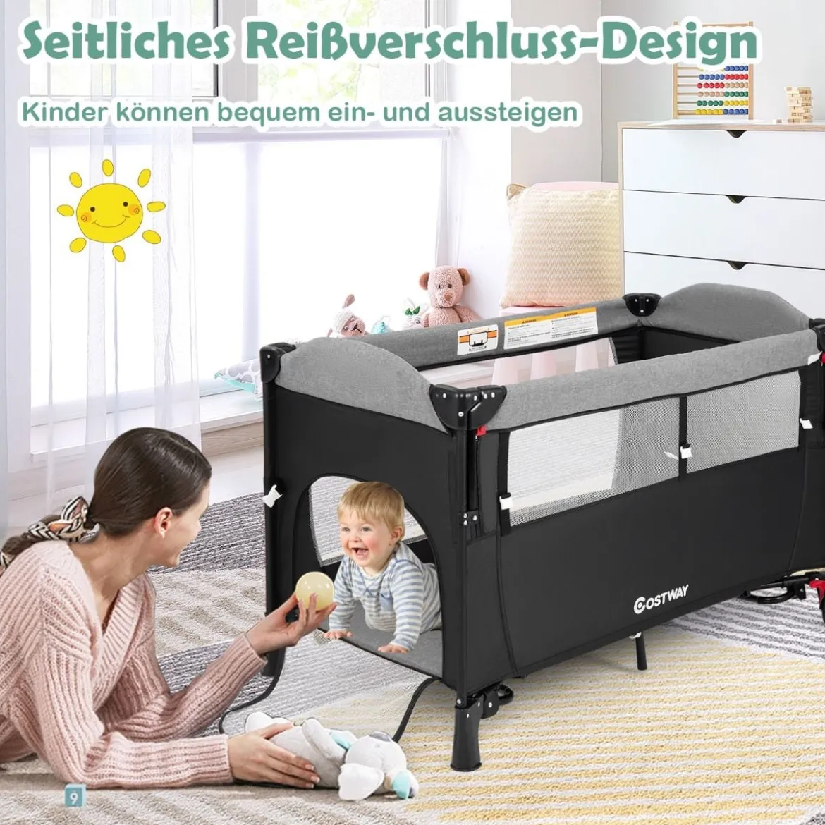 Wandelbares 5-in-1-Babybett mit Wickeltisch & Aufbewahrungstasche Schwarz