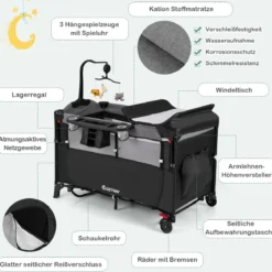 Wandelbares 5-in-1-Babybett mit Wickeltisch & Aufbewahrungstasche Schwarz