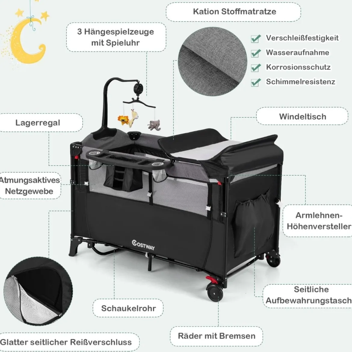 Wandelbares 5-in-1-Babybett mit Wickeltisch & Aufbewahrungstasche Schwarz