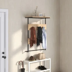 Wandgarderobe mit Ablage & 6 Haken Wandregal Industrielle Garderobenleiste Kleiderstange