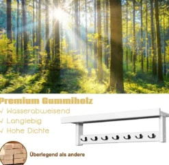 Wandgarderobe mit Ablage Wandregal mit 7 Doppelhaken Hängeregal aus Kautschukholz 80 x 16 x 18 cm Weiß