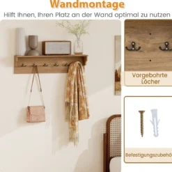 Wandhaken mit Ablage & 6 Haken Holz Garderobe Wandregal für Hüte Handtücher Taschen Natur