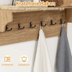 Wandhaken mit Ablage & 6 Haken Holz Garderobe Wandregal für Hüte Handtücher Taschen Natur