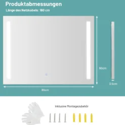 Wandmontierbarer LED-Spiegel mit stufenlos einstellbarer Helligkeit 80 x 60 cm
