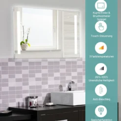 Wandmontierbarer LED-Spiegel mit stufenlos einstellbarer Helligkeit 80 x 60 cm
