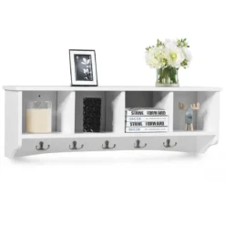 Wandmontierter Eingangsschrank mit 4 Aufbewahrungseinheiten und 5 Doppelhaken moderne Dekorationsmöbel72 x 15 x 23 cm weiß