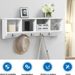 Wandmontierter Eingangsschrank mit 4 Aufbewahrungseinheiten und 5 Doppelhaken moderne Dekorationsmöbel72 x 15 x 23 cm weiß