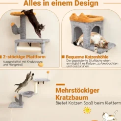 Wandmontierter Katzenturm-Set Platzsparendes Kratzbaum-Set mit 2-stufiger Plattform Grau
