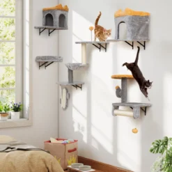 Wandmontierter Katzenturm-Set Platzsparendes Kratzbaum-Set mit 2-stufiger Plattform Grau