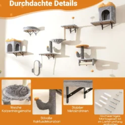 Wandmontierter Katzenturm-Set Platzsparendes Kratzbaum-Set mit 2-stufiger Plattform Grau