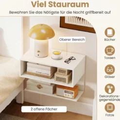 Wandmontierter Nachttisch Hängender Nachtschrank aus Holz mit 2 Offenen Fächern Weiß