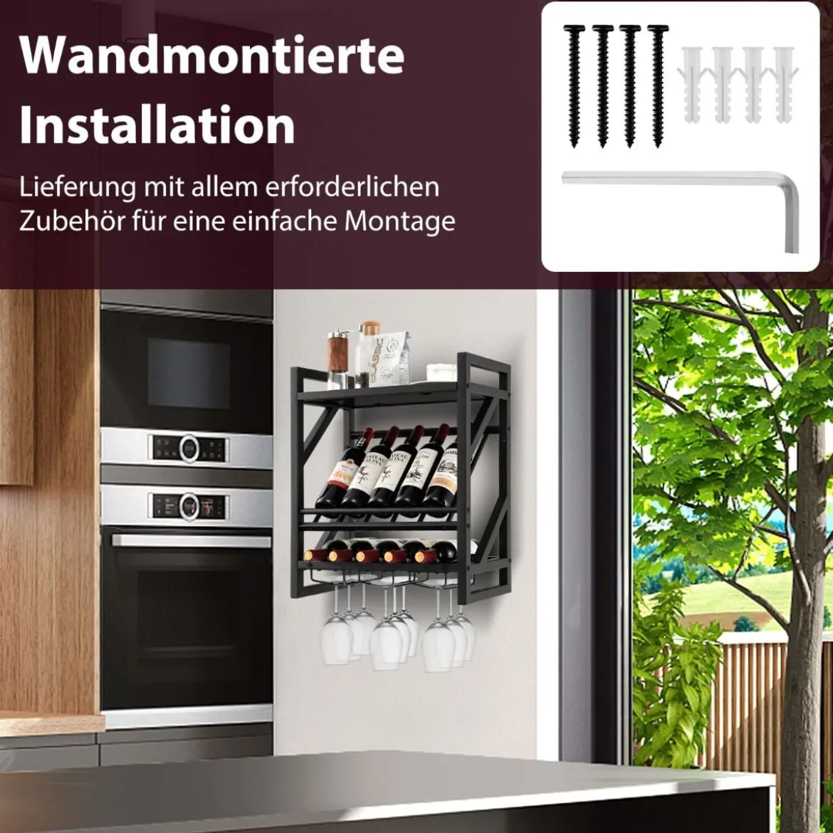 Wandmontierter Weinregal mit 2 Ebenen Weinflaschenregal & 3 Reihen für Weinglashalter platzsparendes Wand Weinregal