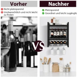 Wandmontierter Weinregal mit 2 Ebenen Weinflaschenregal & 3 Reihen für Weinglashalter platzsparendes Wand Weinregal