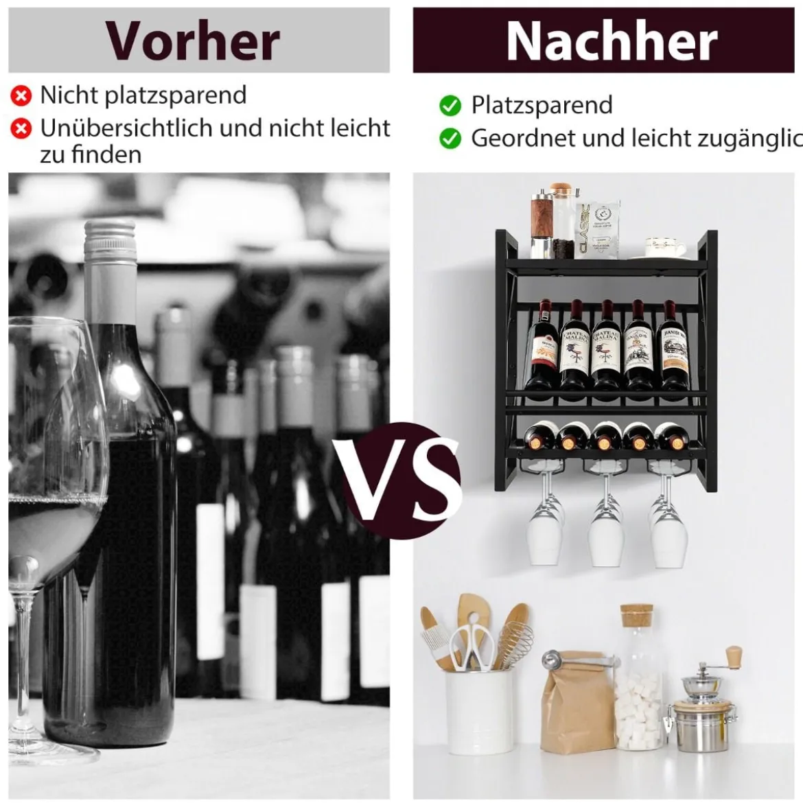 Wandmontierter Weinregal mit 2 Ebenen Weinflaschenregal & 3 Reihen für Weinglashalter platzsparendes Wand Weinregal