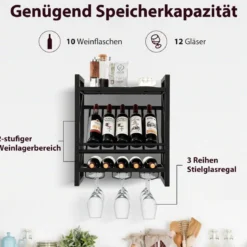 Wandmontierter Weinregal mit 2 Ebenen Weinflaschenregal & 3 Reihen für Weinglashalter platzsparendes Wand Weinregal