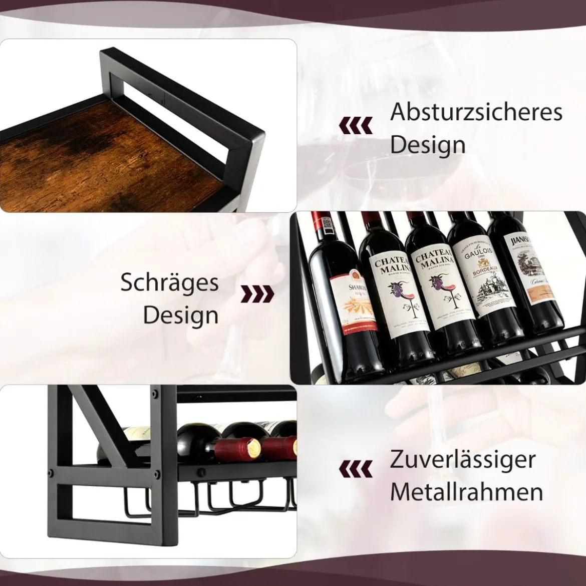 Wandmontierter Weinregal mit 2 Ebenen Weinflaschenregal & 3 Reihen für Weinglashalter platzsparendes Wand Weinregal