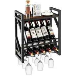 Wandmontierter Weinregal mit 2 Ebenen Weinflaschenregal & 3 Reihen für Weinglashalter platzsparendes Wand Weinregal