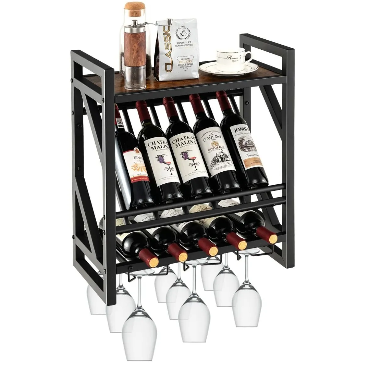 Wandmontierter Weinregal mit 2 Ebenen Weinflaschenregal & 3 Reihen für Weinglashalter platzsparendes Wand Weinregal