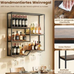 Wandmontierter Weinregal mit Flaschen- & Glasablage 6-stöckiges Hängeregal Rustikal Braun