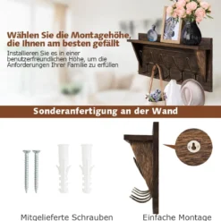 Wandregal KleiderhakenleisteWandgarderobe mit 5 Haken & Ablage 61 x 8 x 25,5 cm Braun