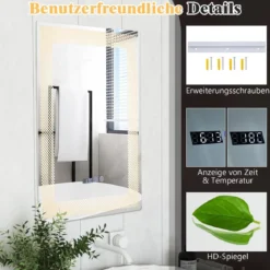 Wandspiegel mit LED-Beleuchtung & Speicherfunktion & Zeit- & Temperaturanzeige Kosmetikspiegel