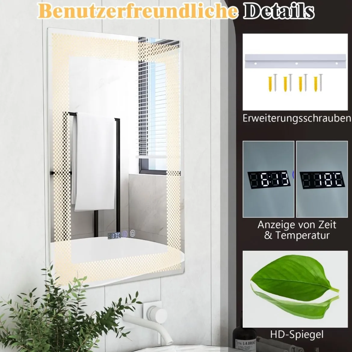 Wandspiegel mit LED-Beleuchtung & Speicherfunktion & Zeit- & Temperaturanzeige Kosmetikspiegel