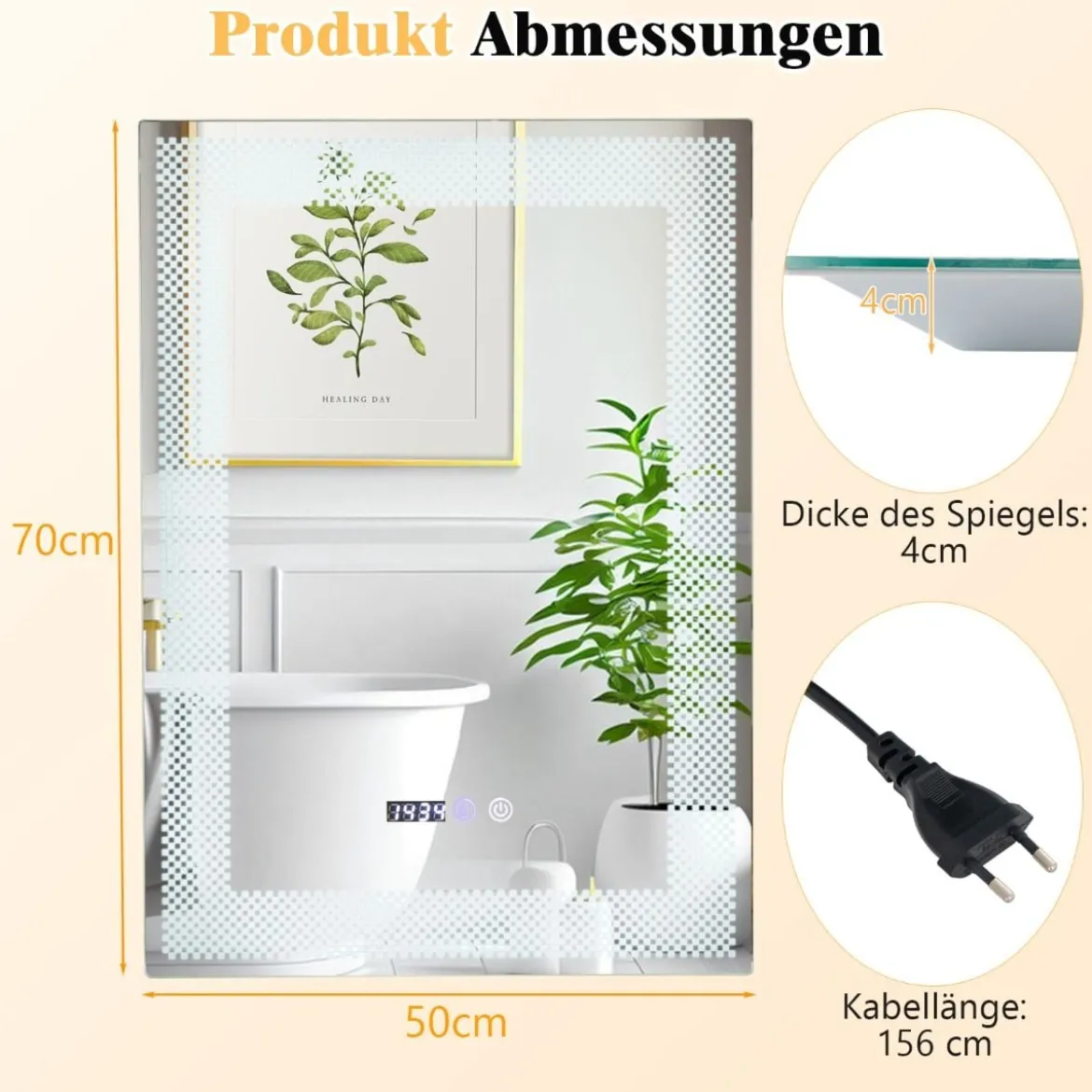 Wandspiegel mit LED-Beleuchtung & Speicherfunktion & Zeit- & Temperaturanzeige Kosmetikspiegel