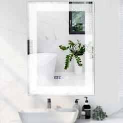 Wandspiegel mit LED-Beleuchtung & Speicherfunktion & Zeit- & Temperaturanzeige Kosmetikspiegel