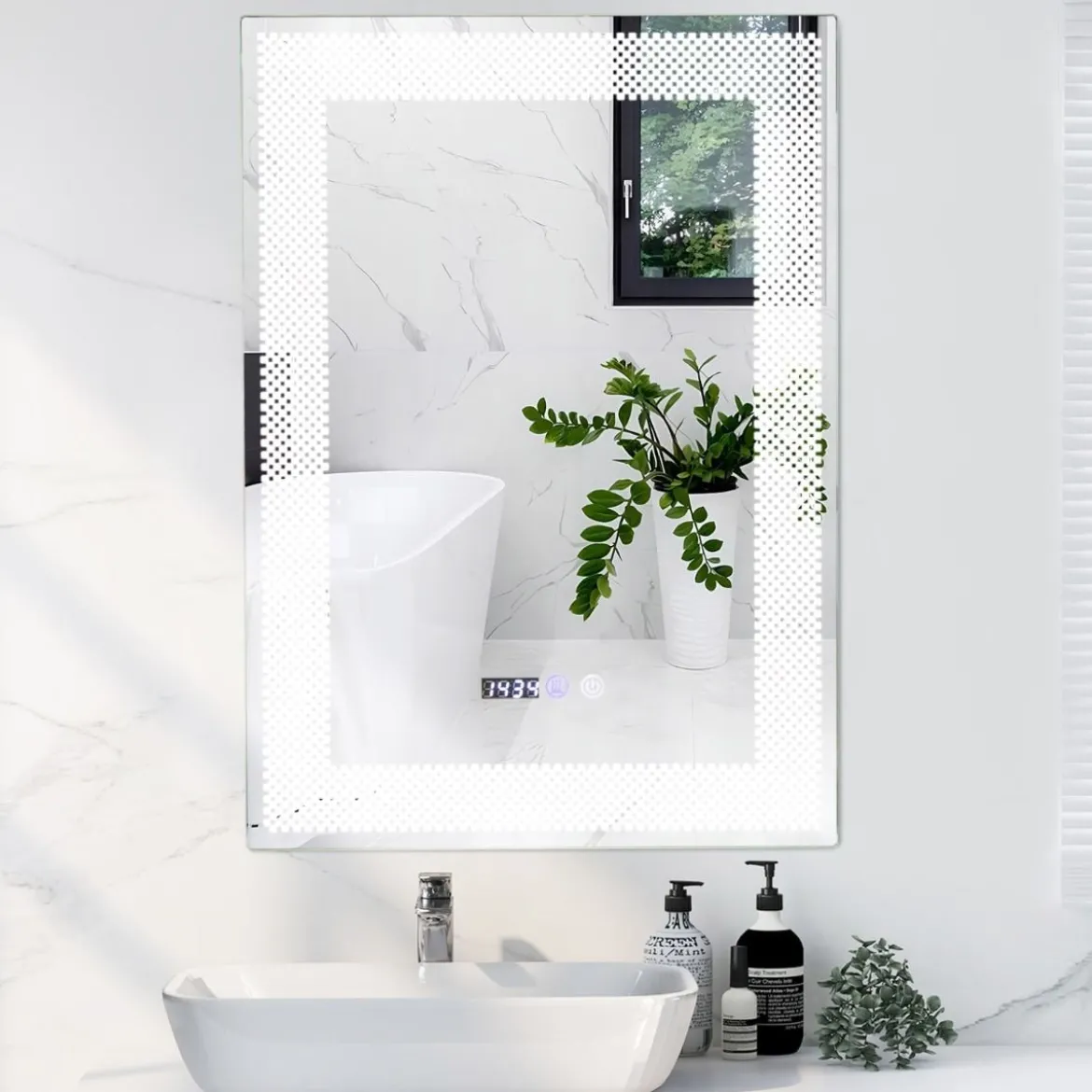 Wandspiegel mit LED-Beleuchtung & Speicherfunktion & Zeit- & Temperaturanzeige Kosmetikspiegel