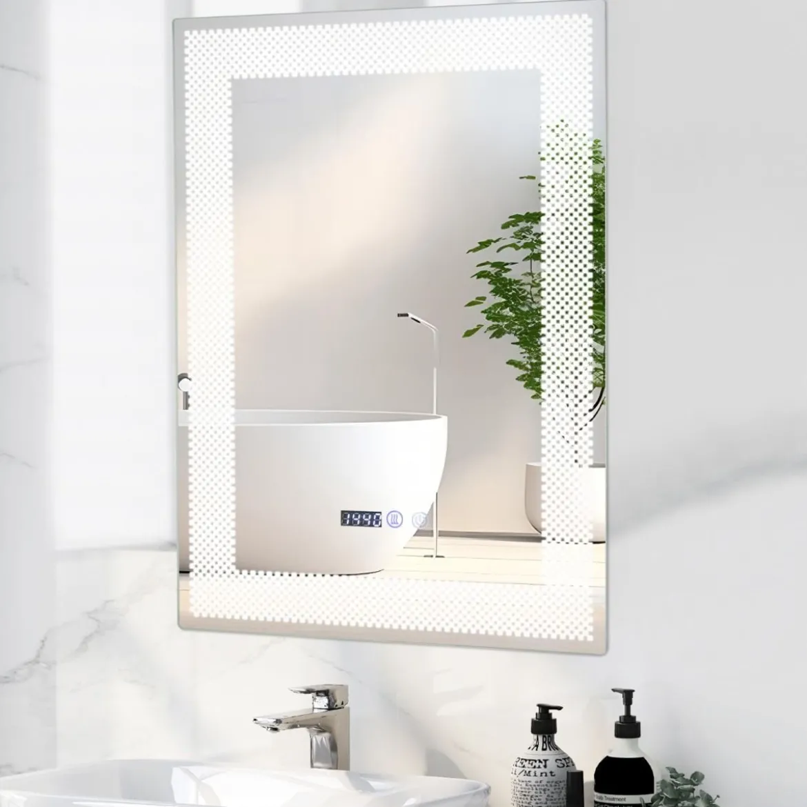 Wandspiegel mit LED-Beleuchtung & Speicherfunktion & Zeit- & Temperaturanzeige Kosmetikspiegel