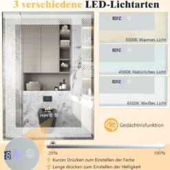 Wandspiegel mit LED-Beleuchtung & Speicherfunktion & Zeit- & Temperaturanzeige Kosmetikspiegel