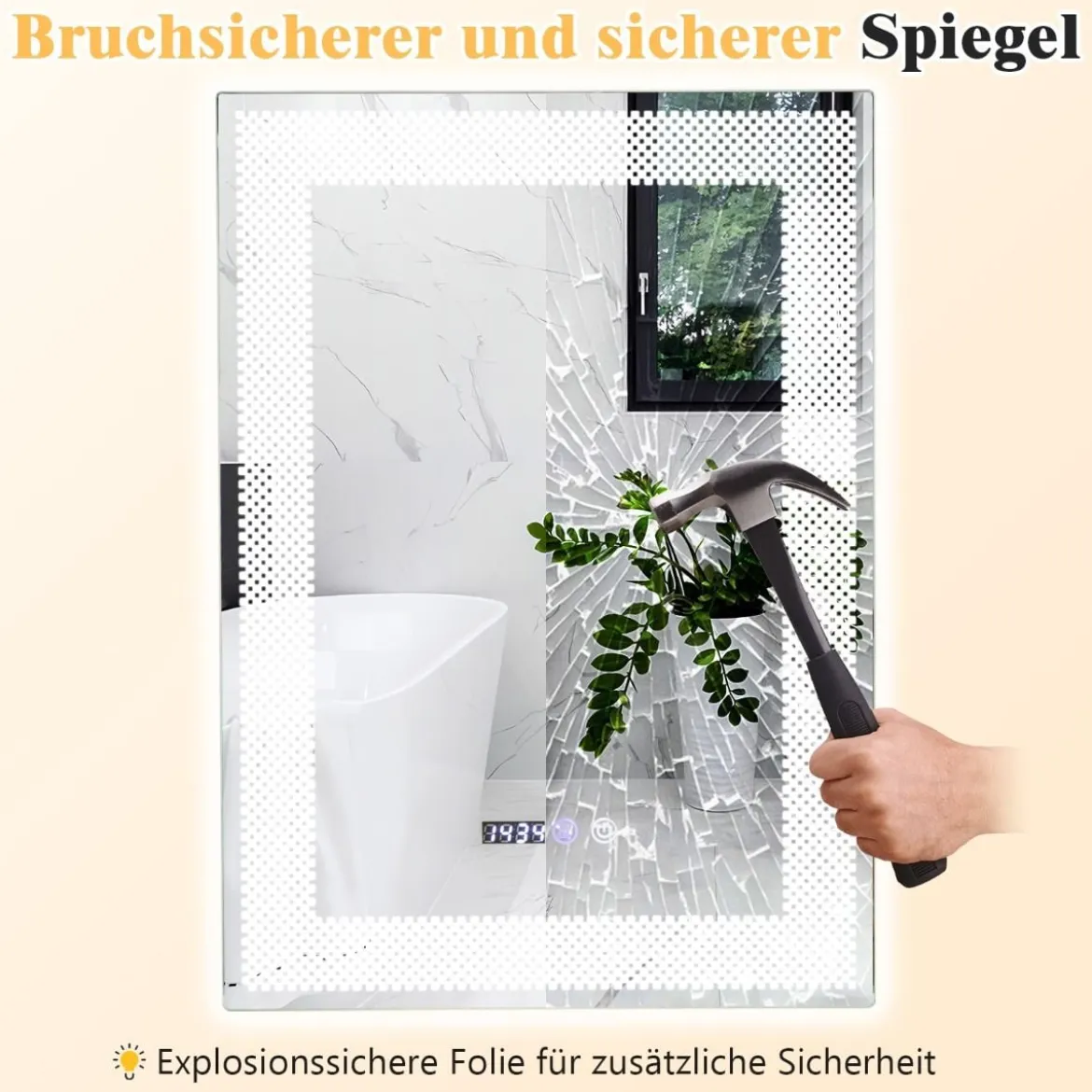 Wandspiegel mit LED-Beleuchtung & Speicherfunktion & Zeit- & Temperaturanzeige Kosmetikspiegel