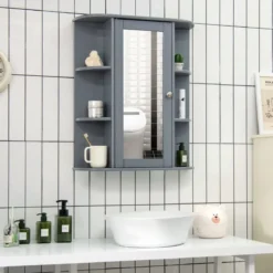 Wandspiegelschrank mit Spiegel Aufbewahrungsschrank für Badezimmer mit Mehreren Einlegeböden Grau